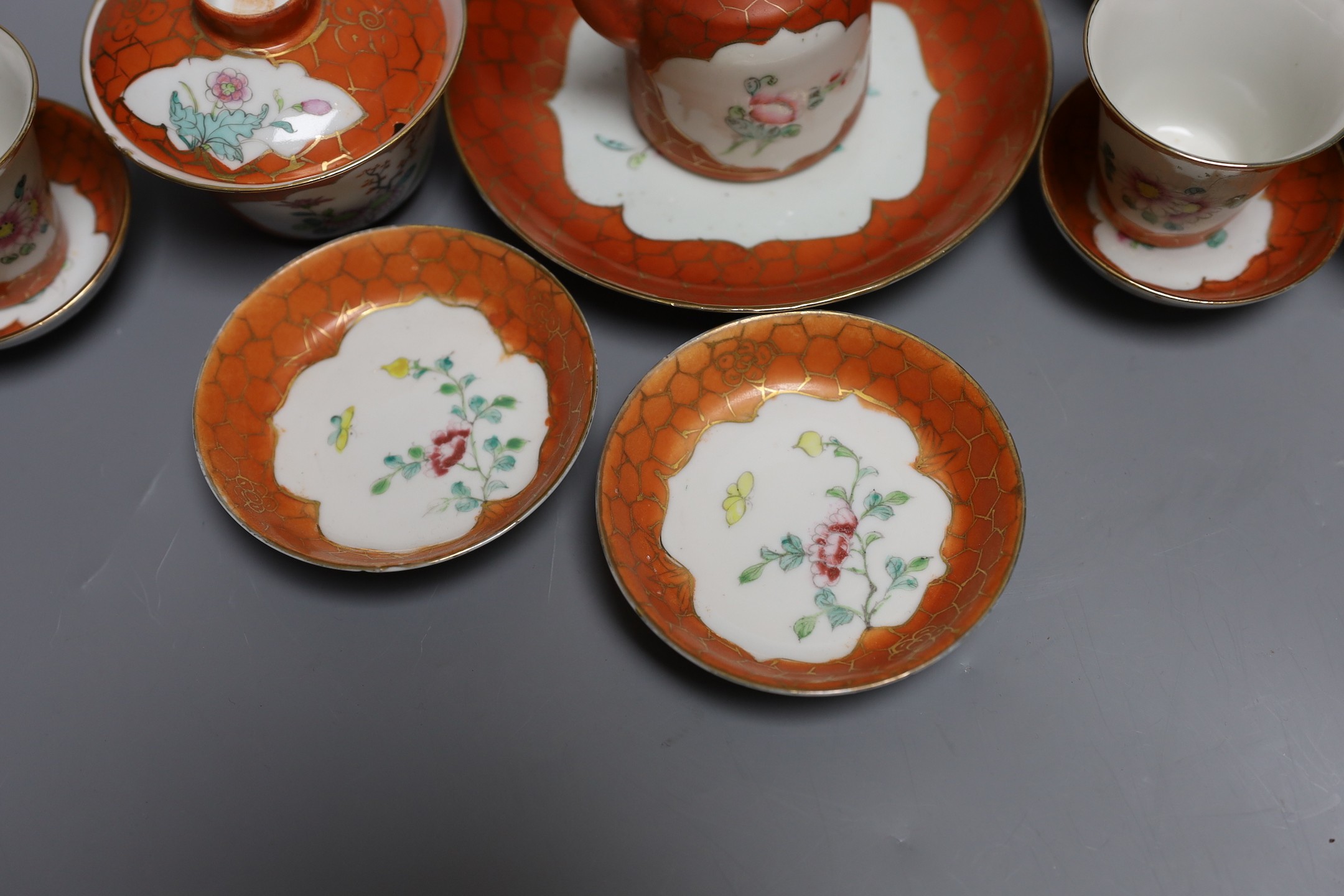 A Chinese Republic coral ground part set, vessel 10.5 cms high